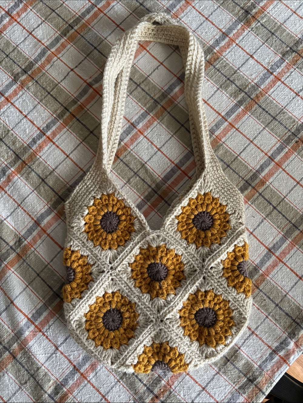 100% Cotton Hand Crocheted Sunflower Patchwork Shoulder Bag in Cream and Mustard